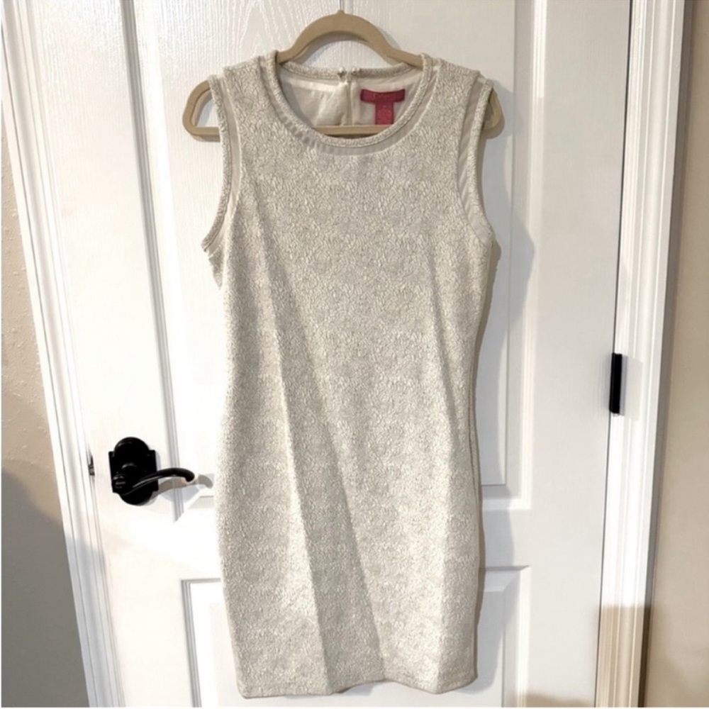 Catherine Malandrino Ivory White Sheath Midi Dress with Metallic Shimmer Sz M
